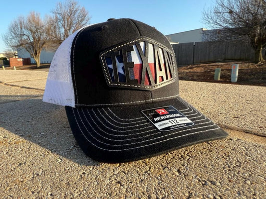 Texan Texas Flag Leather sewn patch trucker hat Richardson 112 Black and white