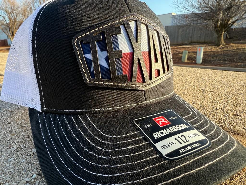 Texan Texas Flag Leather sewn patch trucker hat Richardson 112 Black and white