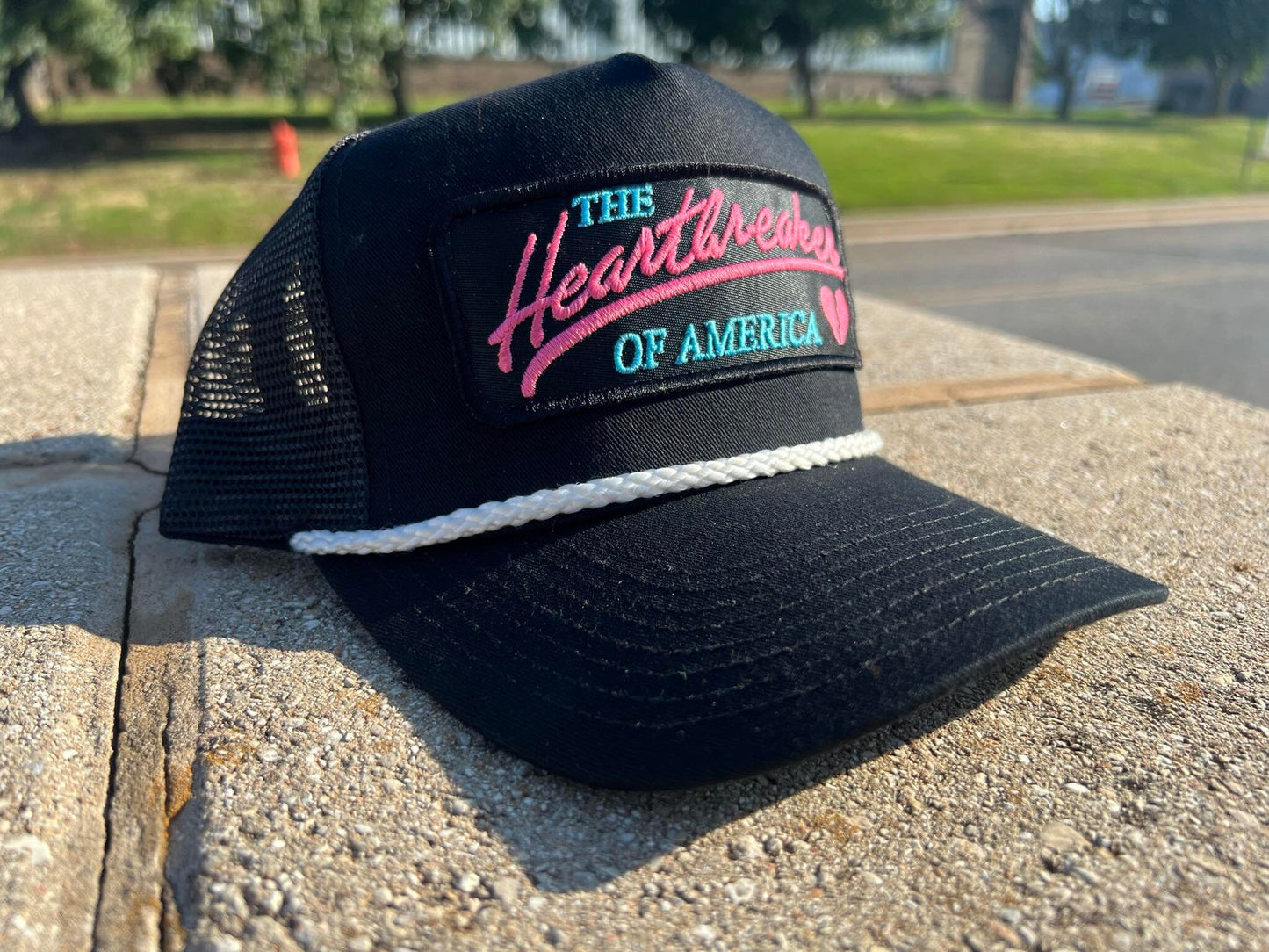 Vintage PINK HEARTBREAKER of America Rope Snapback Trucker Mesh Hat with Chevy inspired patch Classic Truck Apparel for Men and Women