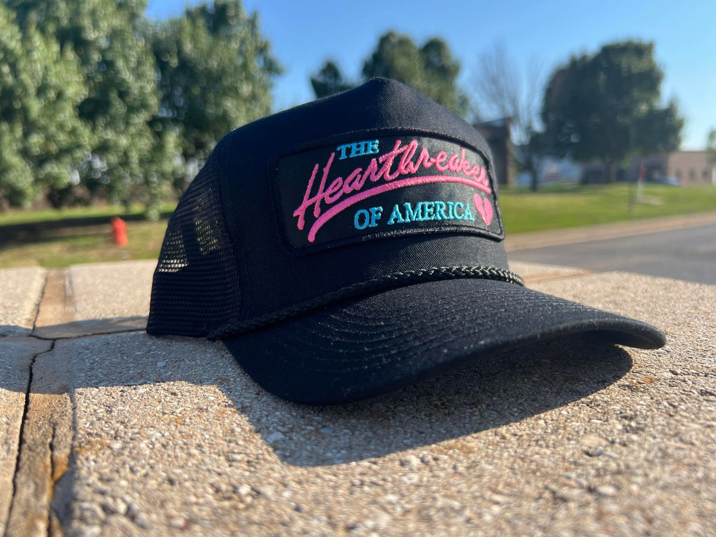 Vintage PINK HEARTBREAKER of America Rope Snapback Trucker Mesh Hat with Chevy inspired patch Classic Truck Apparel for Men and Women