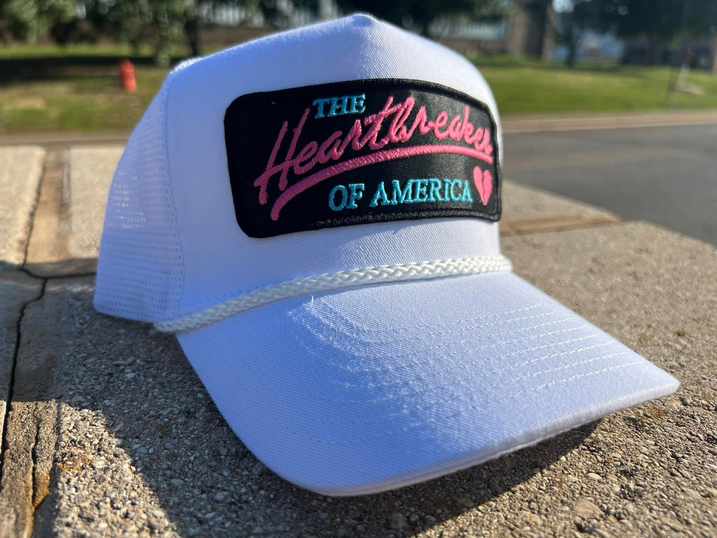 Vintage PINK HEARTBREAKER of America Rope Snapback Trucker Mesh Hat with Chevy inspired patch Classic Truck Apparel for Men and Women