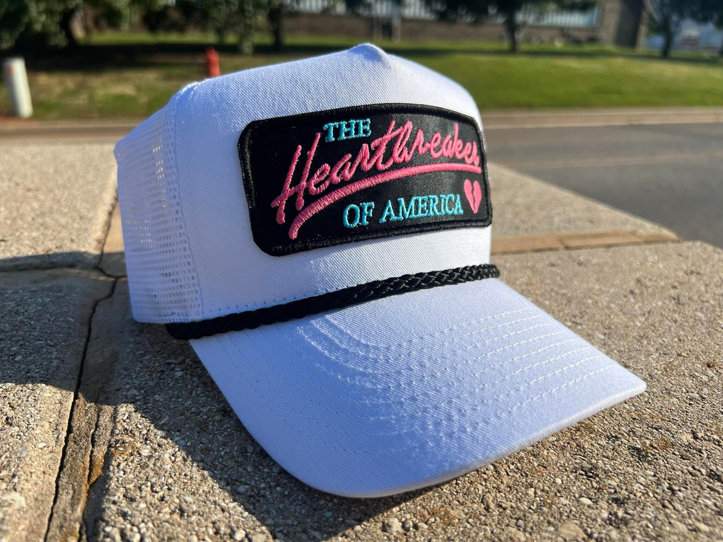 Vintage PINK HEARTBREAKER of America Rope Snapback Trucker Mesh Hat with Chevy inspired patch Classic Truck Apparel for Men and Women